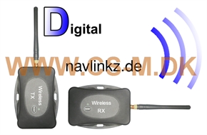Digital sender / modtager 2,4 GHz for trådløs overførsel af audio- og videosignaler, f.eks at tilslutte en bakkamera uden forlængerkabel.